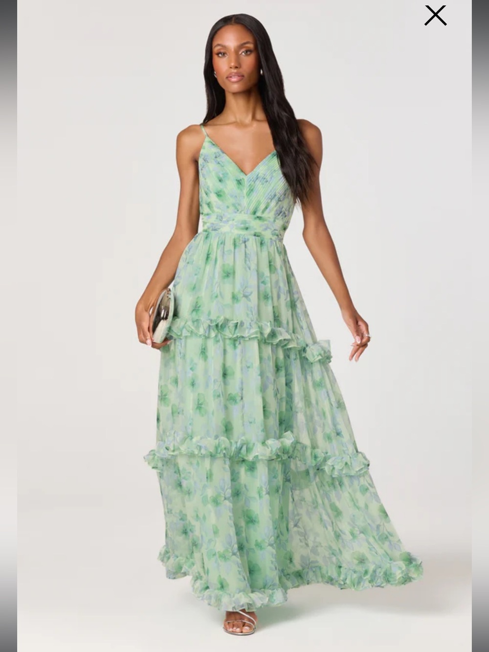 astr the label ayanna green floral tiered pleated maxi summer sun dress small